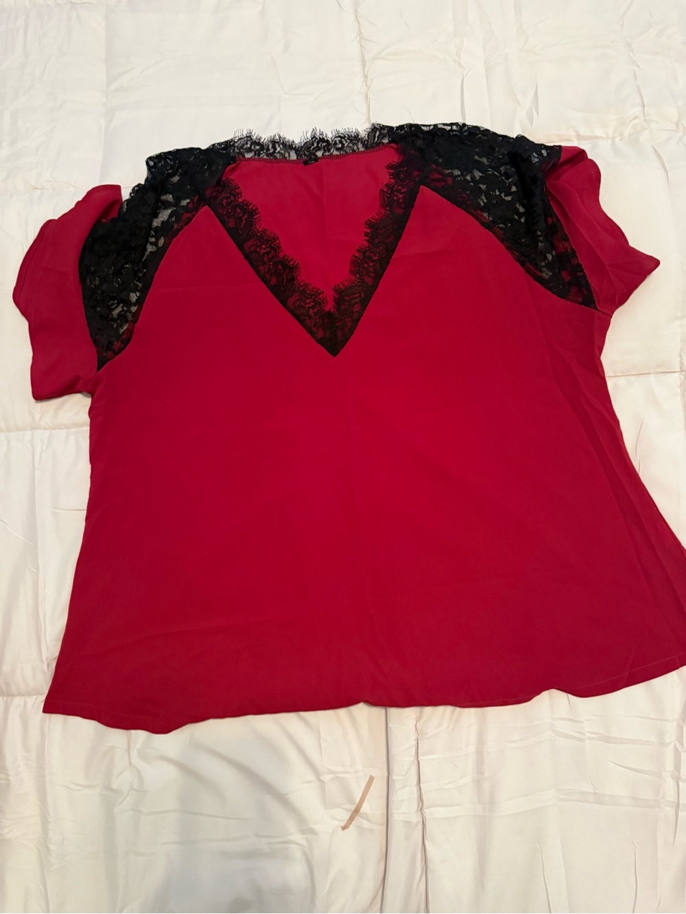 Women's Red Blouse with Black Lace Yoke